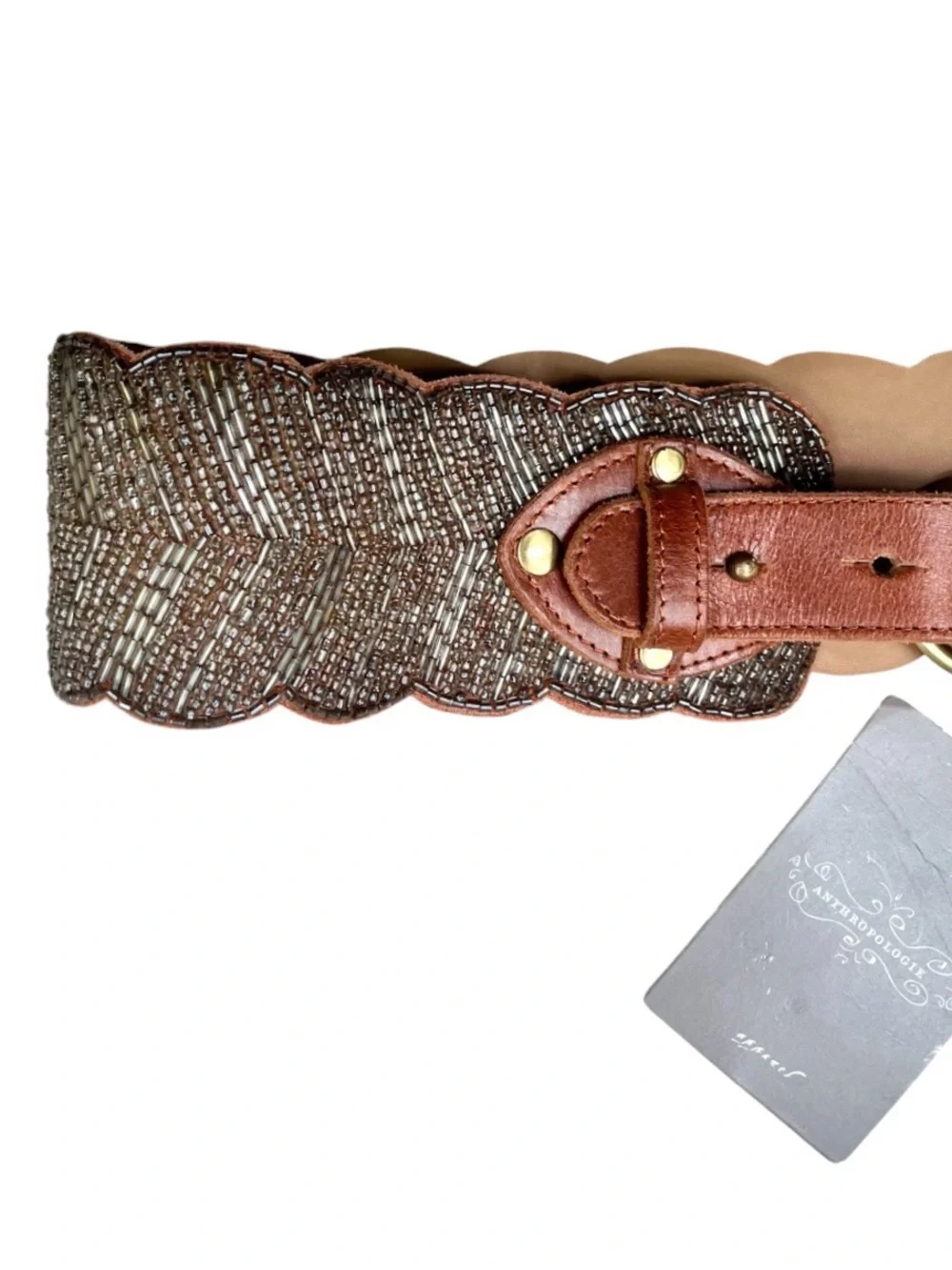 NWT Anthropologie Jasper & Jeera Corset Brown Leather Beaded Boho Belt, Sz Small